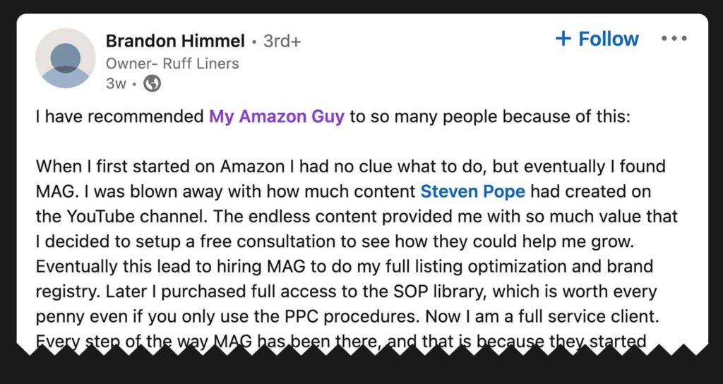 Ruff Liners Brandon Himmel Testimonial Linkedin post